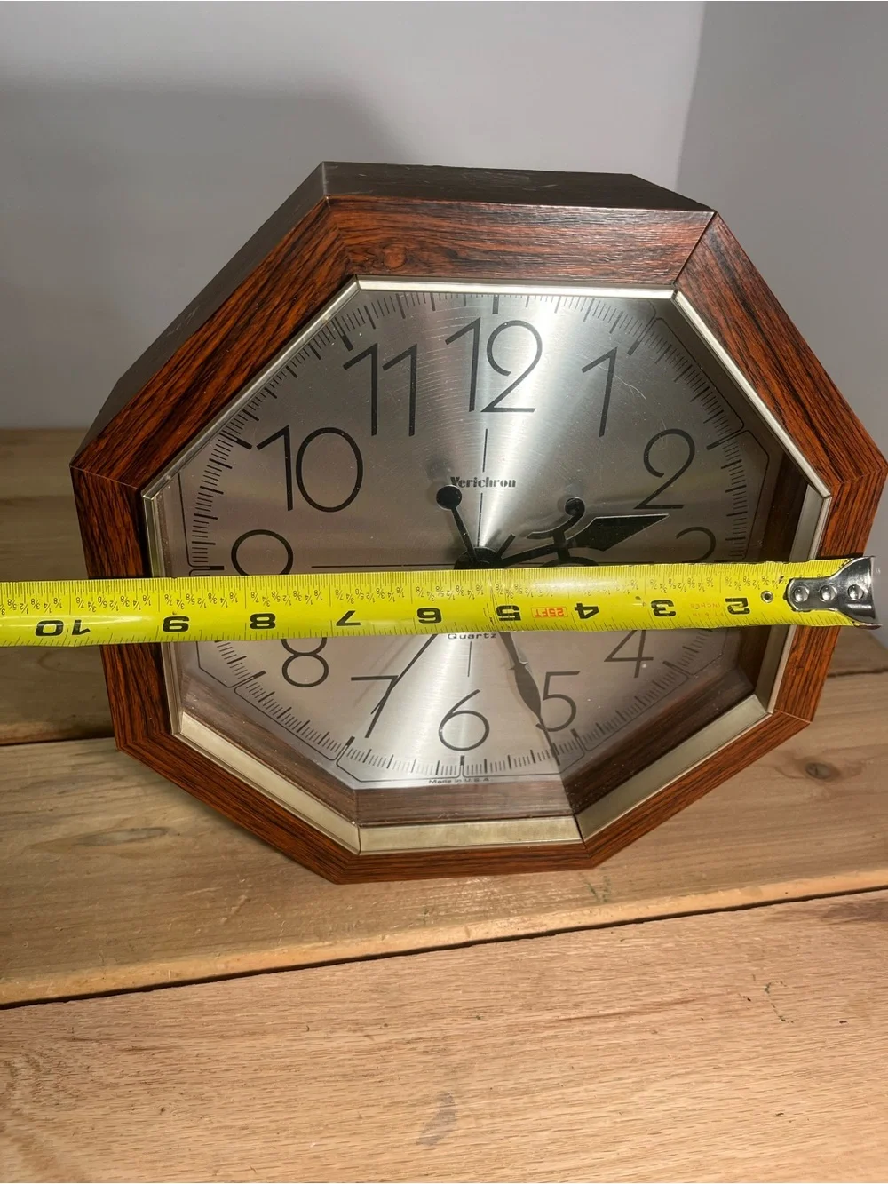 Vintage Mcm Octagonal 80s Wall Clock Verichron Quartz  Wood Finish Works!
